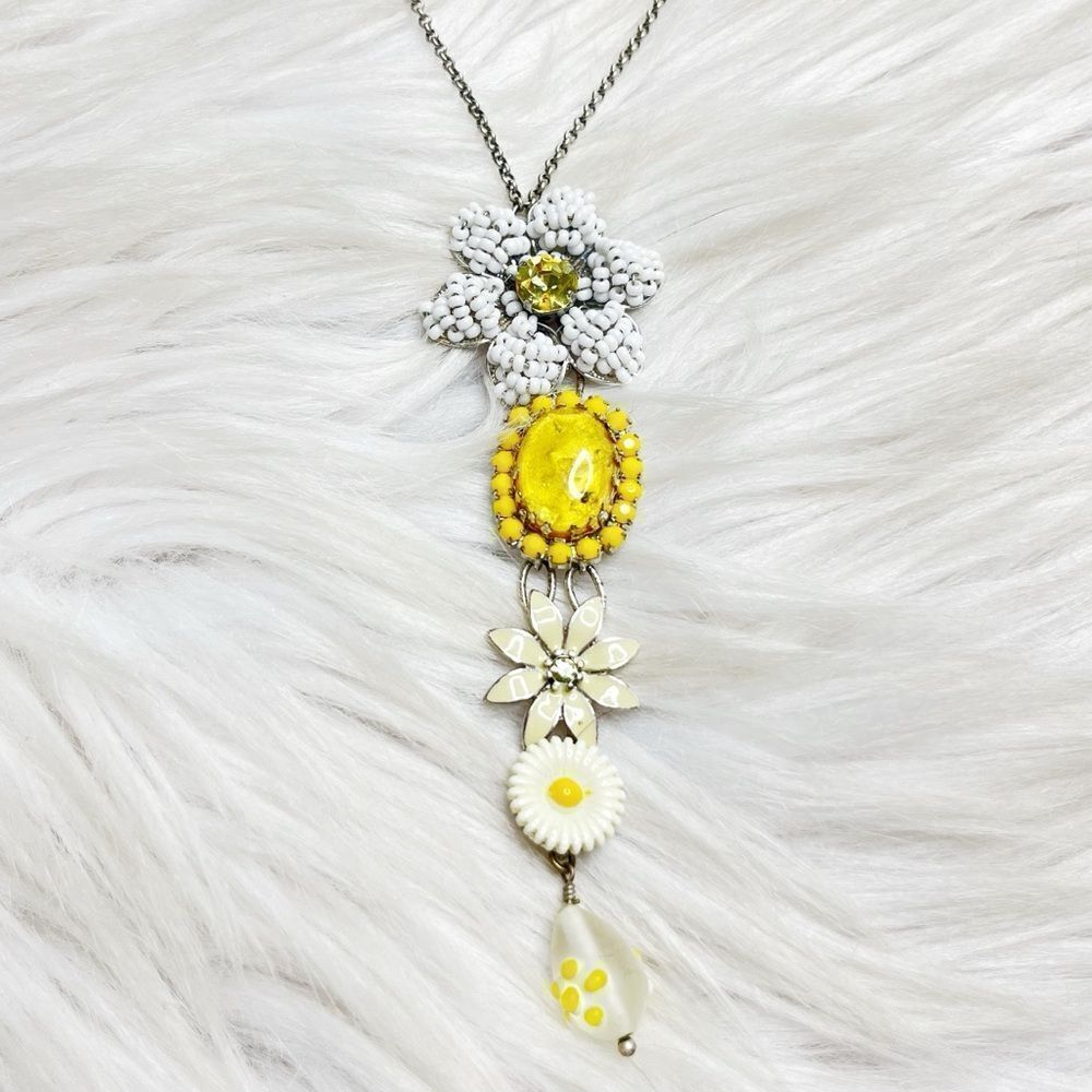 Bohm Vintage Floral Beaded Tiered Necklace Yellow White and Silver
